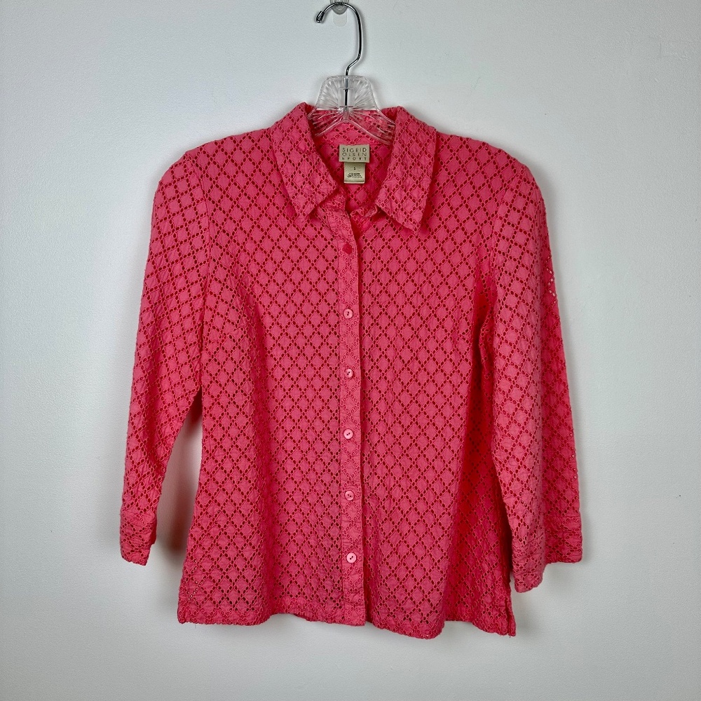 Sigrid Olsen Sport Pink Eyelet Quarter Sleeve 100% Cotton Button Up Blouse